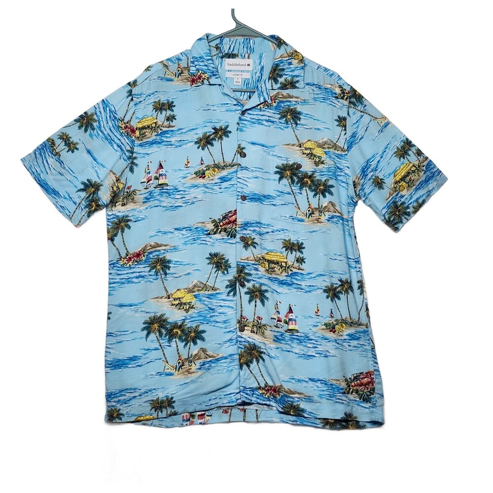 Saddlebred Men's M Classic Fit Hawaiian Aloha Shirt Button Down Rayon Blue Palm